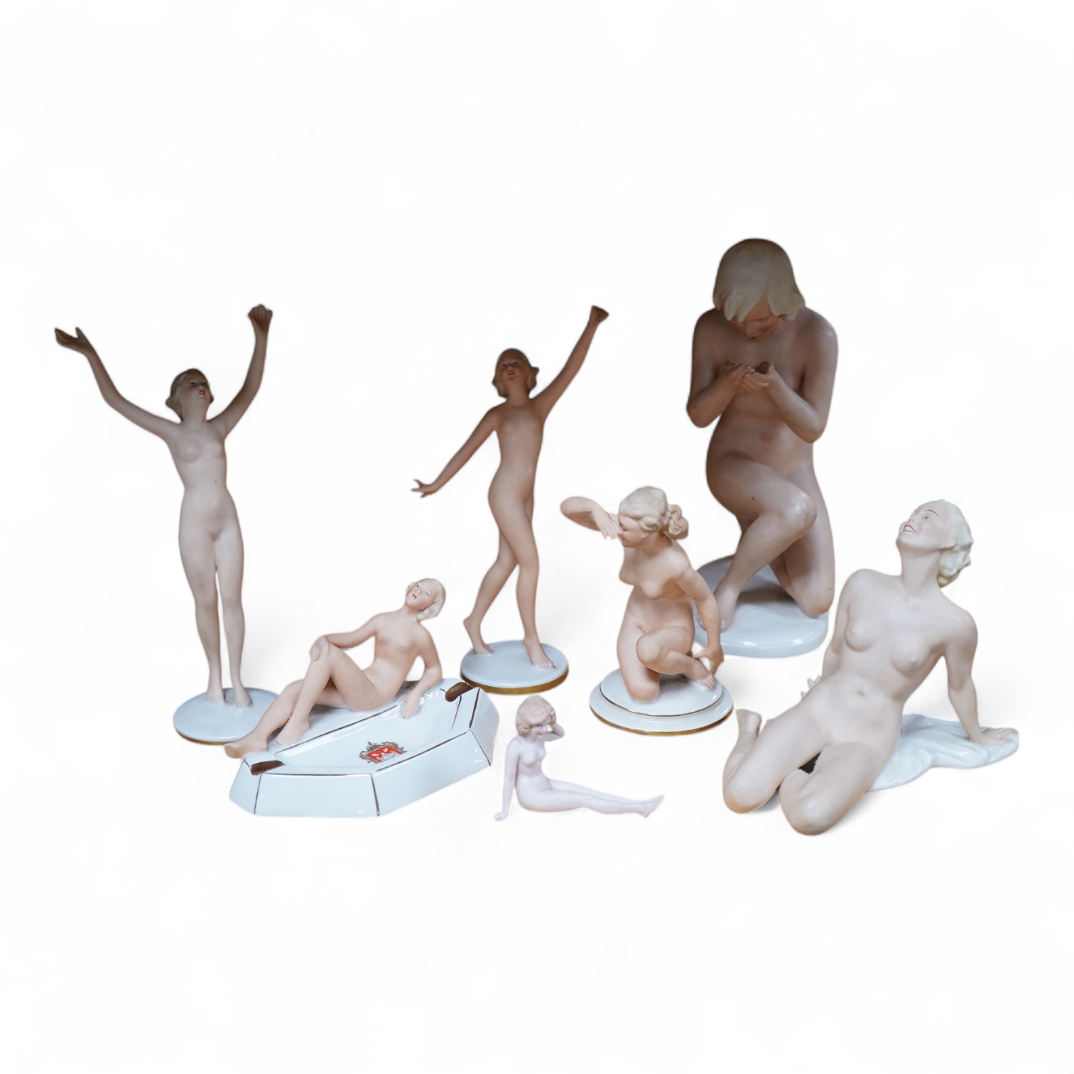 A collection of seven German porcelain figures of nude ladies, by Schau Bach Kunst, Gerold Porzellan, etc. the tallest 27cms.